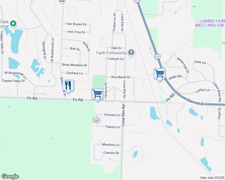 map of restaurants, bars, coffee shops, grocery stores, and more near 109 Timber Lane in Carl Junction