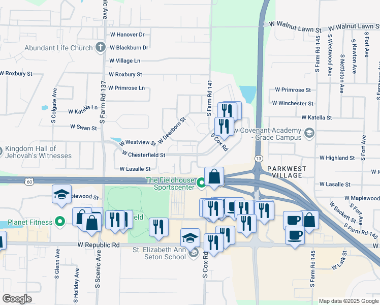 map of restaurants, bars, coffee shops, grocery stores, and more near 2320 West Westview Street in Springfield