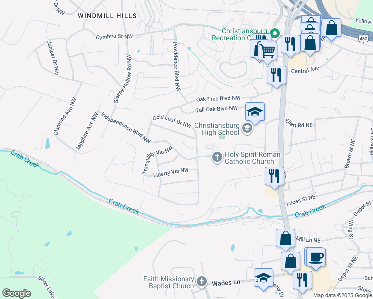 map of restaurants, bars, coffee shops, grocery stores, and more near 201 Bronze Leaf Drive Northwest in Christiansburg