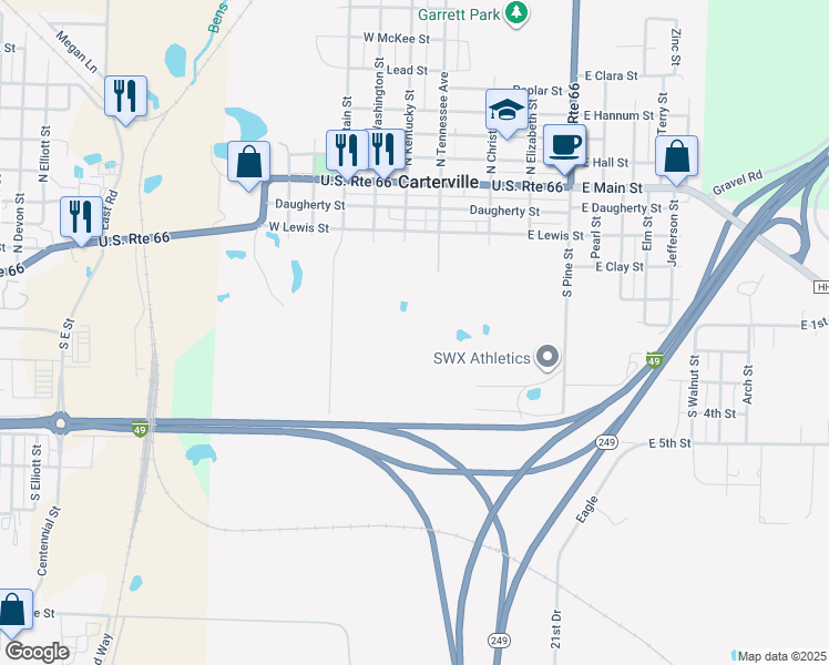 map of restaurants, bars, coffee shops, grocery stores, and more near in Carterville
