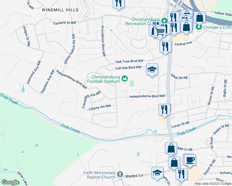 map of restaurants, bars, coffee shops, grocery stores, and more near 201 Bronze Leaf Drive Northwest in Christiansburg