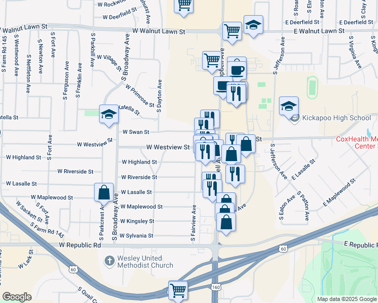 map of restaurants, bars, coffee shops, grocery stores, and more near 628 West Westview Street in Springfield