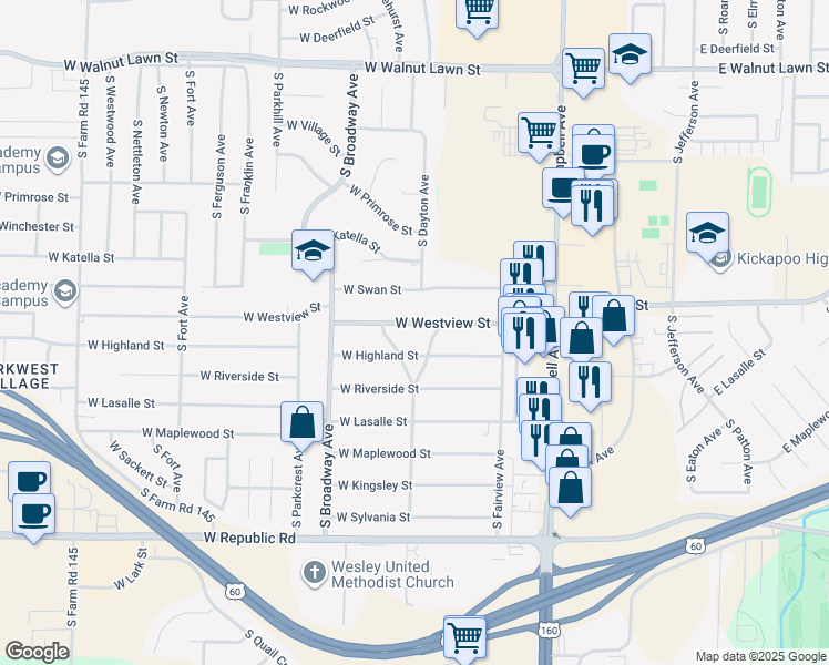 map of restaurants, bars, coffee shops, grocery stores, and more near 742 W Westview St in Springfield