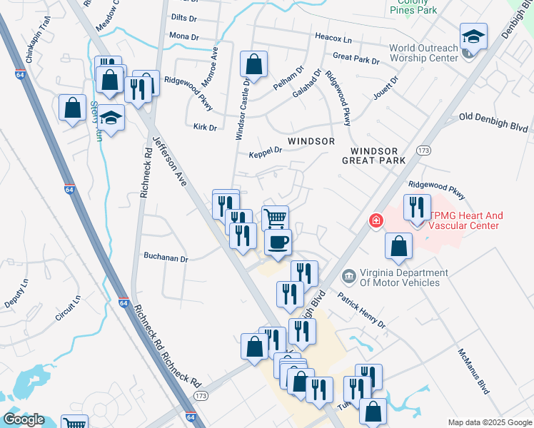 map of restaurants, bars, coffee shops, grocery stores, and more near 1642 Malibu Place in Newport News
