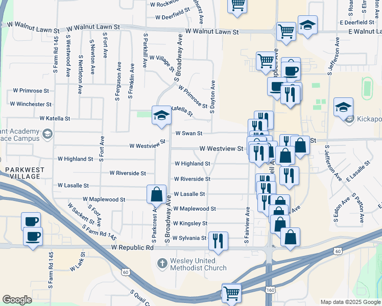 map of restaurants, bars, coffee shops, grocery stores, and more near 808 West Westview Street in Springfield