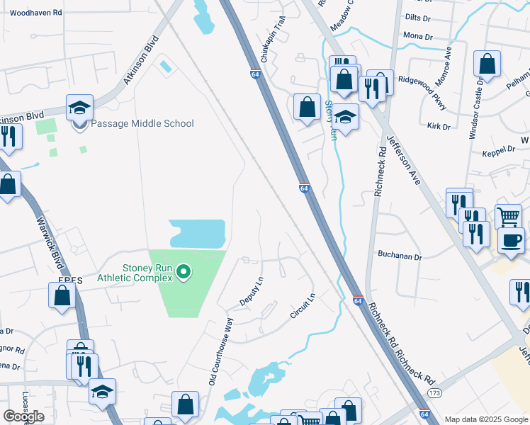 map of restaurants, bars, coffee shops, grocery stores, and more near 361 Deputy Lane in Newport News