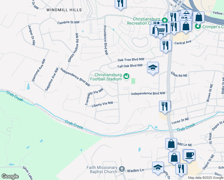 map of restaurants, bars, coffee shops, grocery stores, and more near 201 Bronze Leaf Drive Northwest in Christiansburg