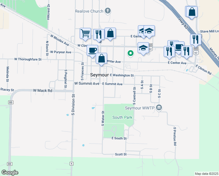 map of restaurants, bars, coffee shops, grocery stores, and more near 116-150 East Summit Avenue in Seymour