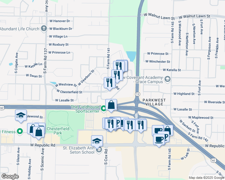 map of restaurants, bars, coffee shops, grocery stores, and more near 2208 West Chesterfield Street in Springfield
