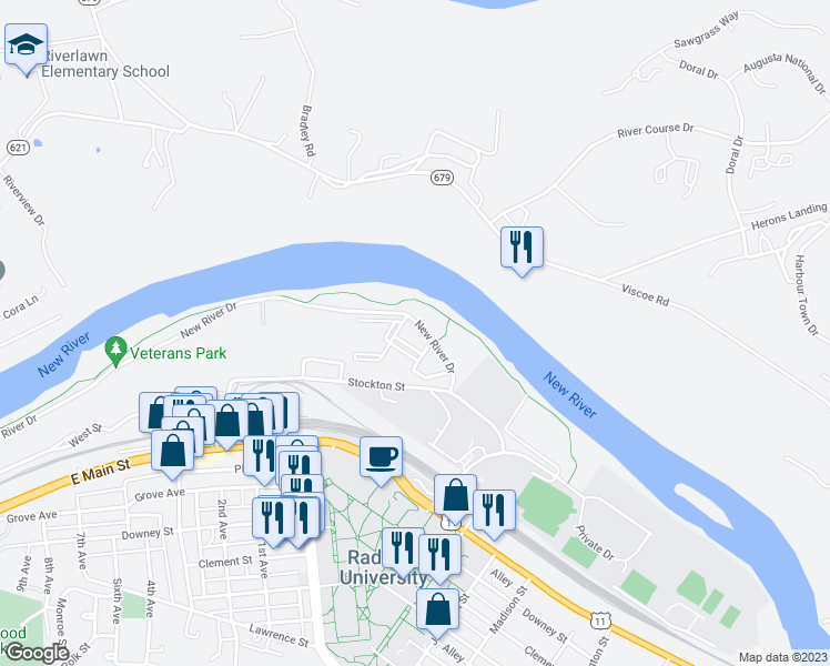 map of restaurants, bars, coffee shops, grocery stores, and more near 800 New River Drive in Radford