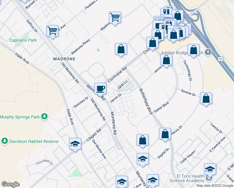 map of restaurants, bars, coffee shops, grocery stores, and more near 161 Jarvis Drive in Morgan Hill