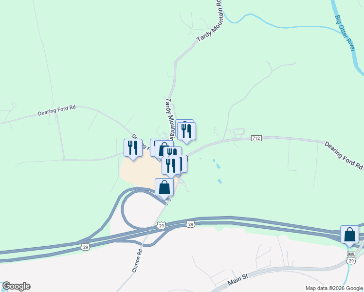 map of restaurants, bars, coffee shops, grocery stores, and more near 2600 Dearing Ford Road in Altavista