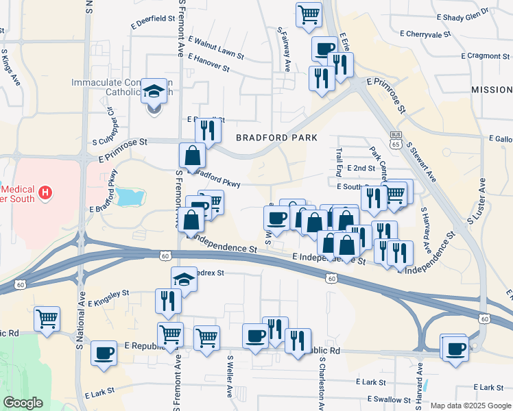 map of restaurants, bars, coffee shops, grocery stores, and more near 3211 South Weller Avenue in Springfield
