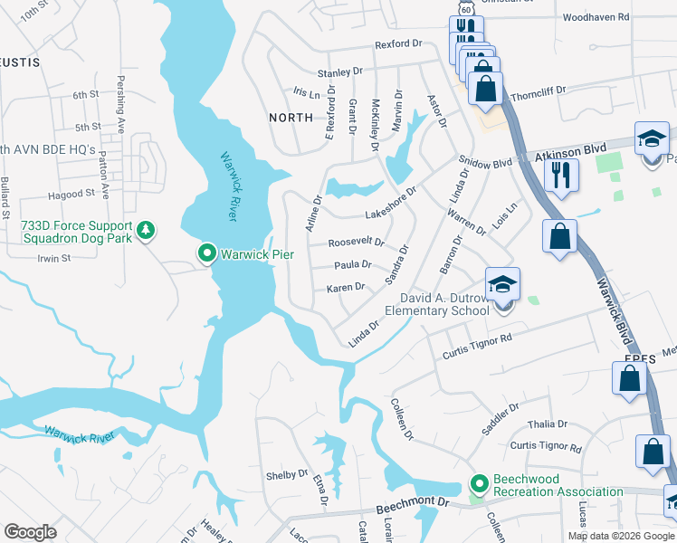 map of restaurants, bars, coffee shops, grocery stores, and more near 13 Paula Drive in Newport News