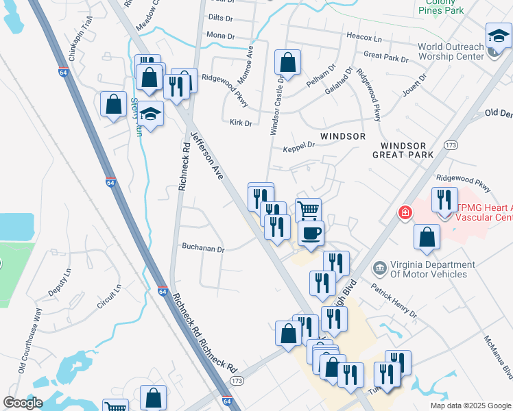 map of restaurants, bars, coffee shops, grocery stores, and more near 149 Windsor Castle Drive in Newport News