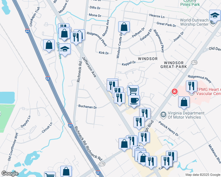 map of restaurants, bars, coffee shops, grocery stores, and more near 149 Windsor Castle Drive in Newport News