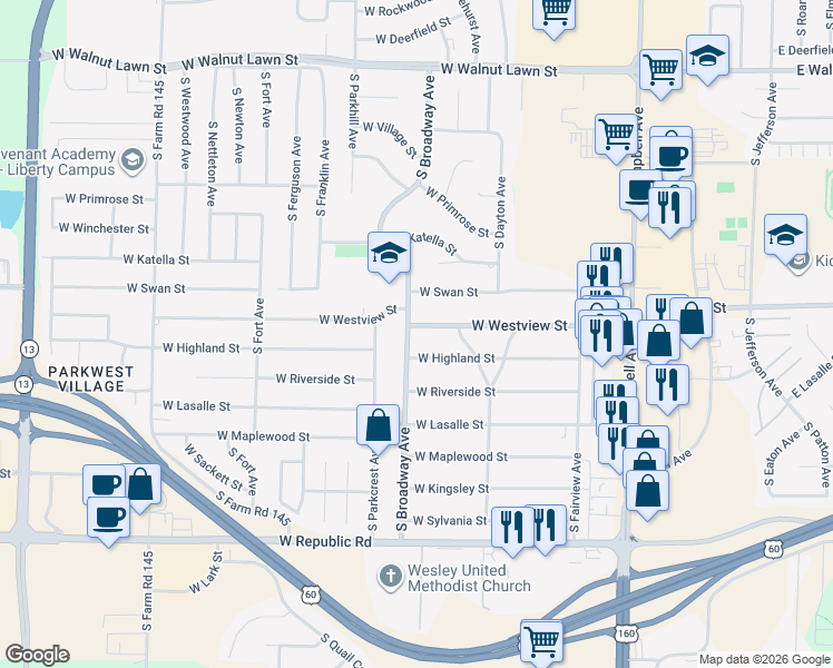 map of restaurants, bars, coffee shops, grocery stores, and more near 3830 South Broadway Avenue in Springfield