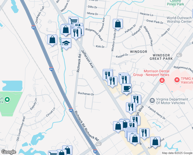map of restaurants, bars, coffee shops, grocery stores, and more near 32 Hanover Way in Newport News