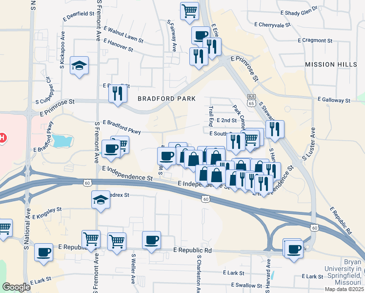 map of restaurants, bars, coffee shops, grocery stores, and more near 3810 South Weller Avenue in Springfield