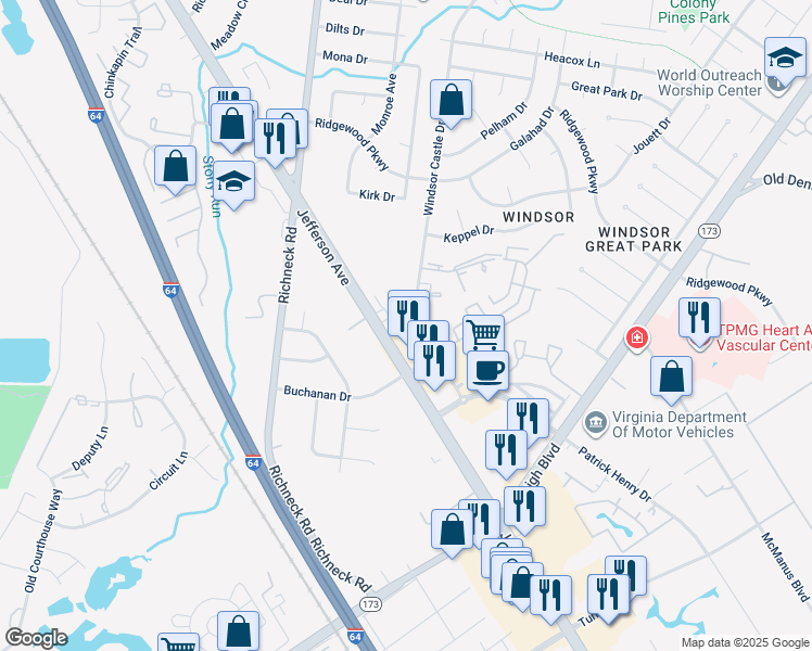 map of restaurants, bars, coffee shops, grocery stores, and more near 149 Windsor Castle Drive in Newport News