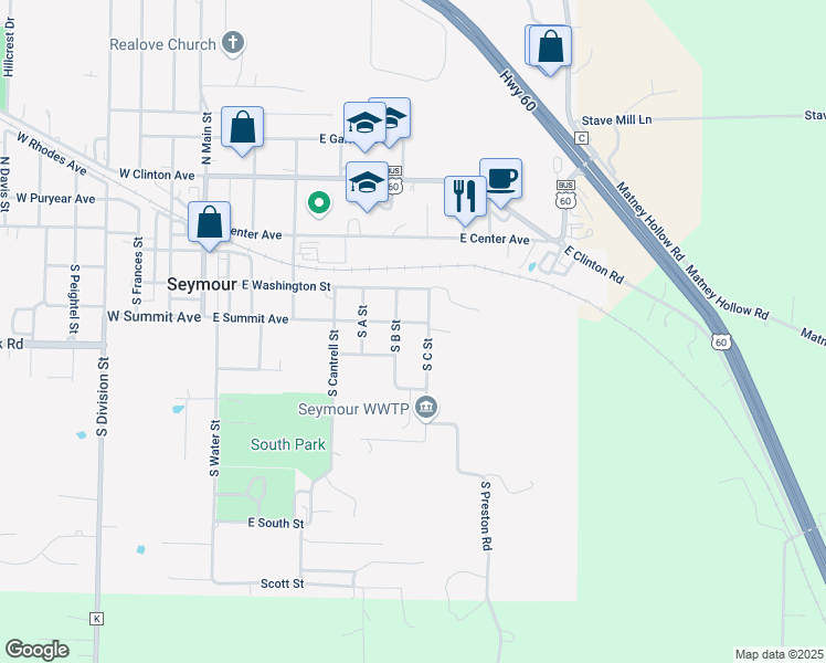 map of restaurants, bars, coffee shops, grocery stores, and more near 600-698 E Summit Ave in Seymour