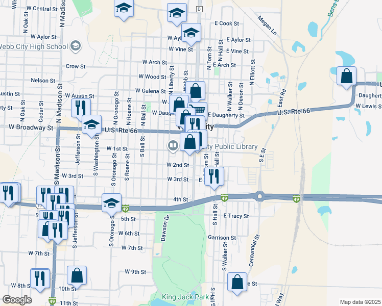 map of restaurants, bars, coffee shops, grocery stores, and more near 110 West 1st Street in Webb City
