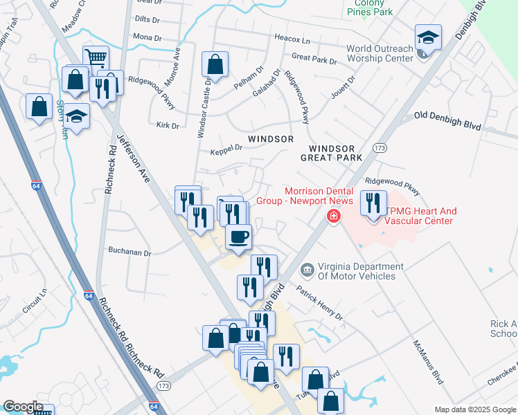 map of restaurants, bars, coffee shops, grocery stores, and more near 1613 Monterry Place in Newport News