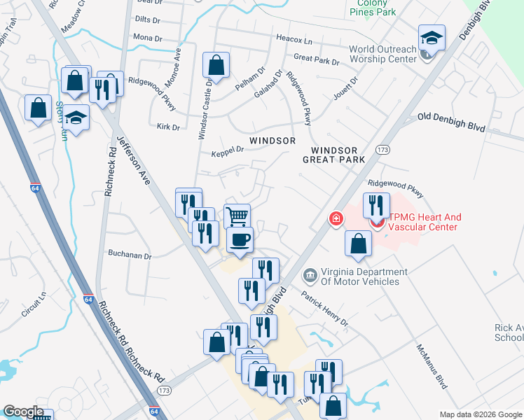 map of restaurants, bars, coffee shops, grocery stores, and more near 1613 Monterry Place in Newport News