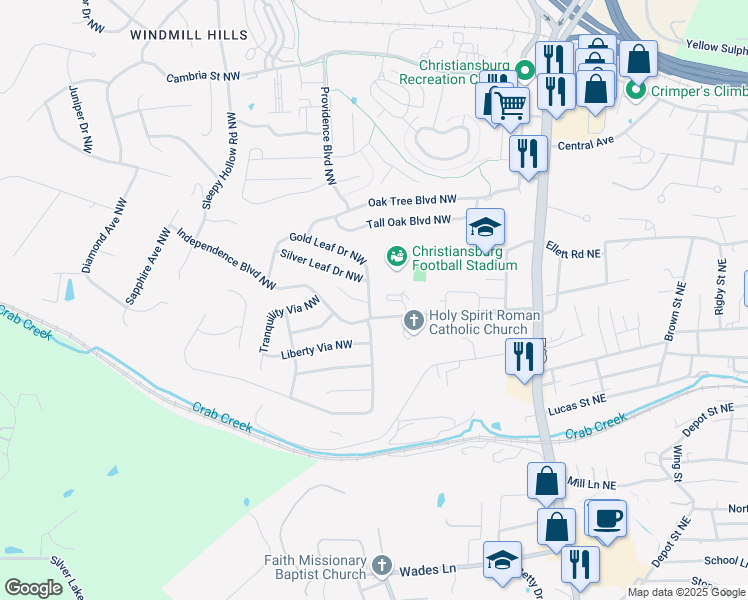 map of restaurants, bars, coffee shops, grocery stores, and more near 201 Bronze Leaf Drive Northwest in Christiansburg