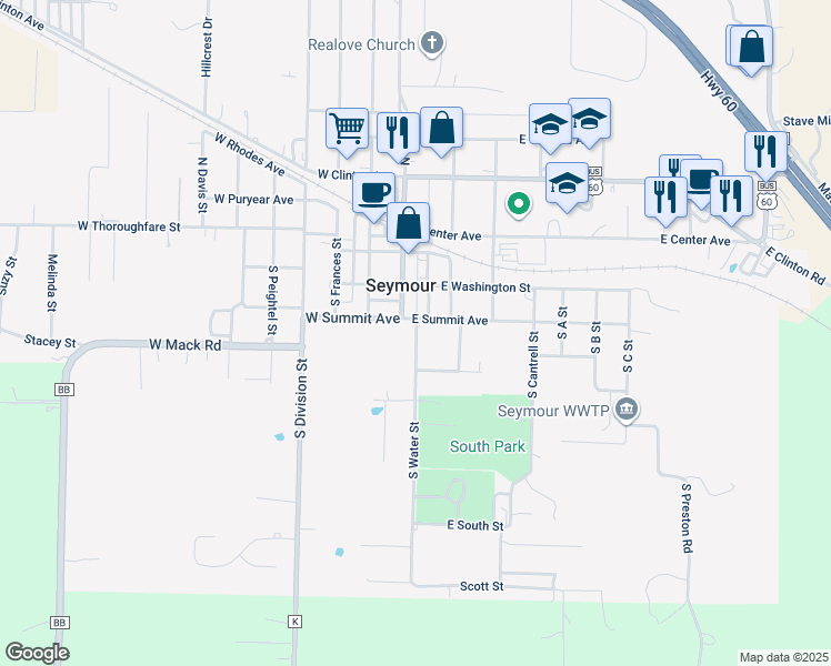 map of restaurants, bars, coffee shops, grocery stores, and more near 116-150 East Summit Avenue in Seymour