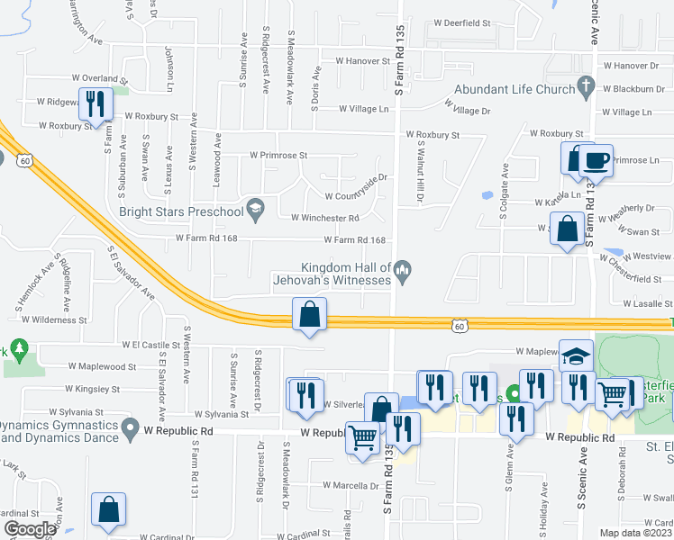 map of restaurants, bars, coffee shops, grocery stores, and more near 3844 South Parkmont Avenue in Springfield