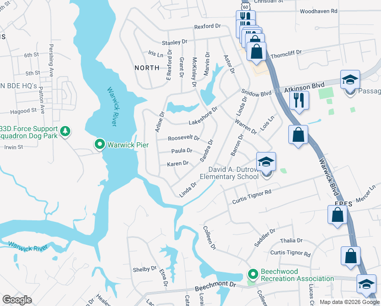 map of restaurants, bars, coffee shops, grocery stores, and more near 5 Paula Drive in Newport News