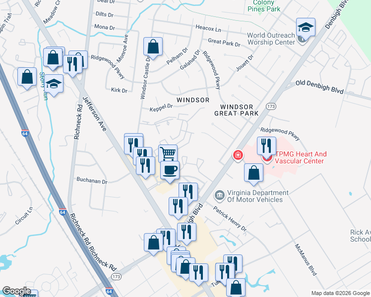 map of restaurants, bars, coffee shops, grocery stores, and more near 1613 Monterry Place in Newport News