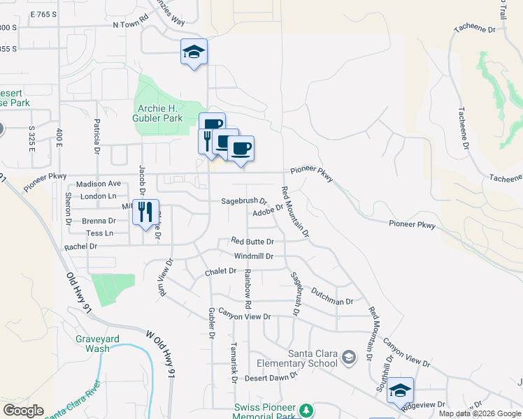 map of restaurants, bars, coffee shops, grocery stores, and more near 3489 Adobe Drive in Santa Clara