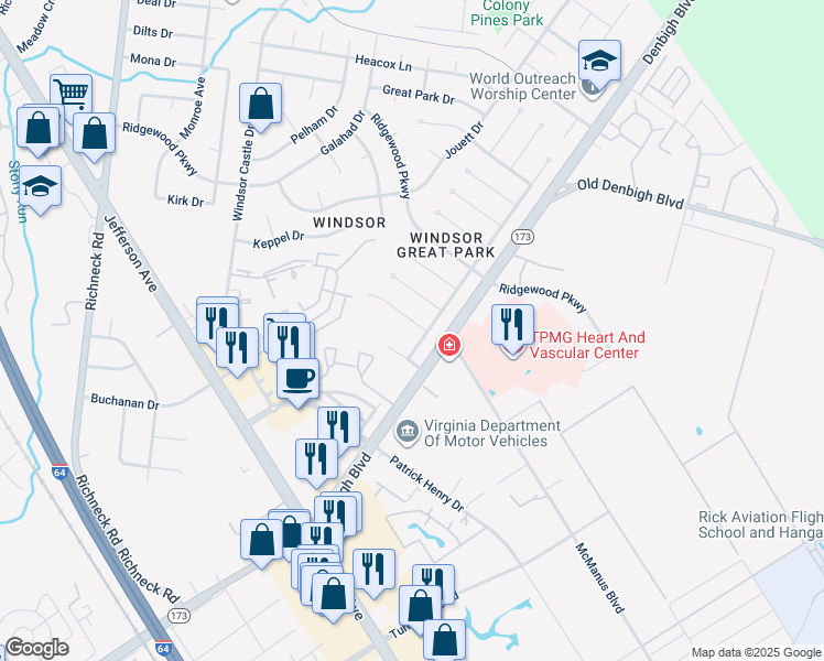 map of restaurants, bars, coffee shops, grocery stores, and more near 11 Argall Place in Newport News