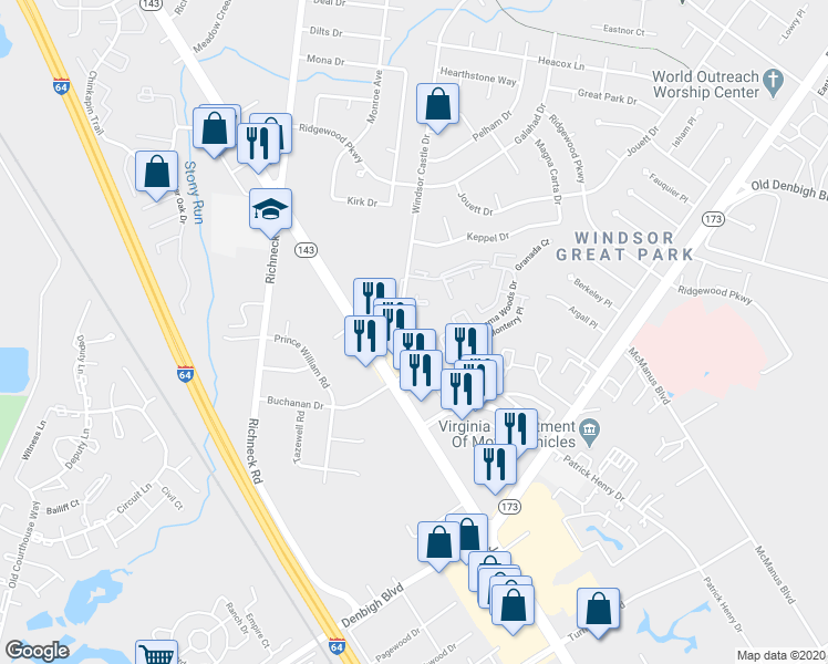 map of restaurants, bars, coffee shops, grocery stores, and more near 154 Landmark Court in Newport News