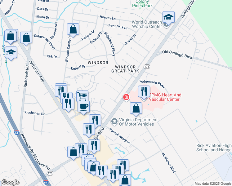 map of restaurants, bars, coffee shops, grocery stores, and more near 11 Argall Place in Newport News