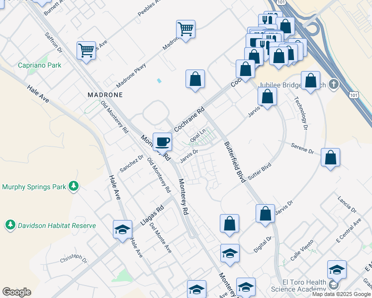 map of restaurants, bars, coffee shops, grocery stores, and more near 159 Sapphire Lane in Morgan Hill