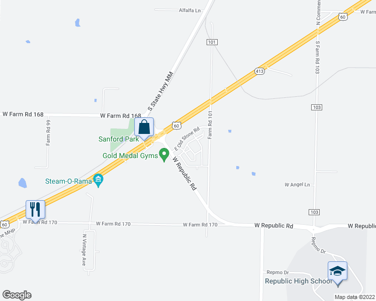 map of restaurants, bars, coffee shops, grocery stores, and more near 3246 East Old Stone Road in Republic