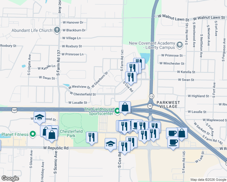 map of restaurants, bars, coffee shops, grocery stores, and more near 2225 West Chesterfield Street in Springfield