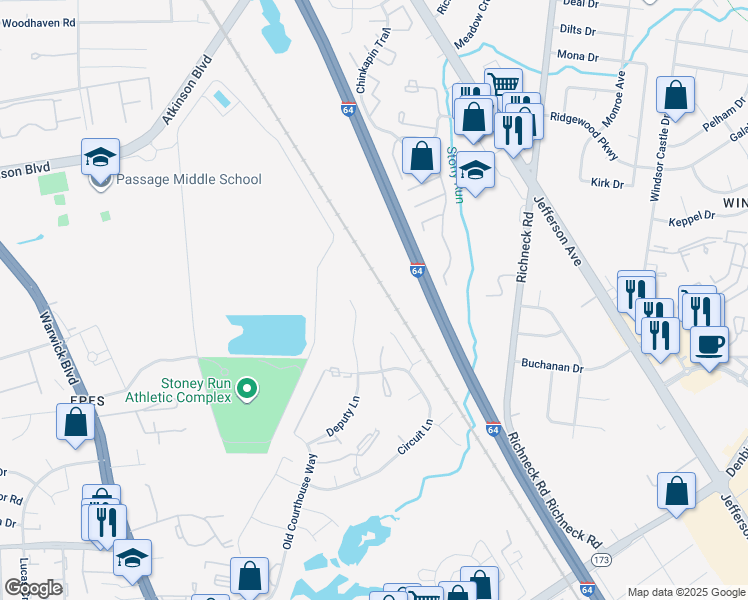 map of restaurants, bars, coffee shops, grocery stores, and more near 363 Deputy Lane in Newport News