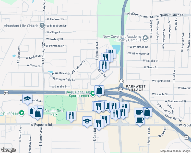 map of restaurants, bars, coffee shops, grocery stores, and more near 2225 West Chesterfield Street in Springfield