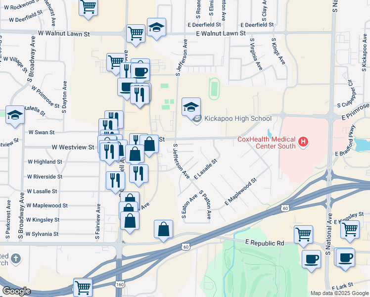 map of restaurants, bars, coffee shops, grocery stores, and more near 3850 South Jefferson Avenue in Springfield