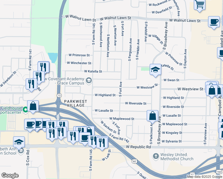 map of restaurants, bars, coffee shops, grocery stores, and more near 1411 West Highland Street in Springfield