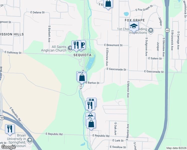 map of restaurants, bars, coffee shops, grocery stores, and more near 2871 E Barton St in Springfield