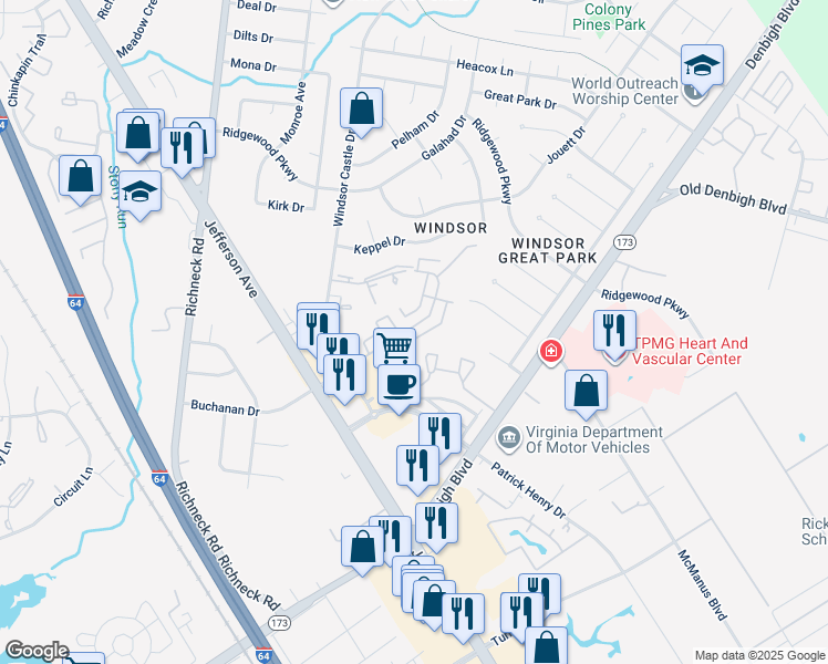 map of restaurants, bars, coffee shops, grocery stores, and more near 1692 Monterry Place in Newport News