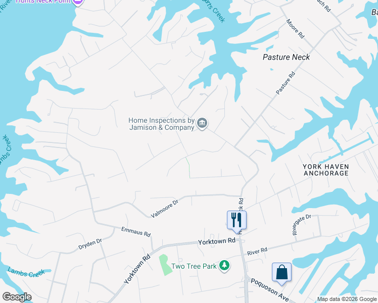 map of restaurants, bars, coffee shops, grocery stores, and more near 23 Wornom Farm Road in Poquoson