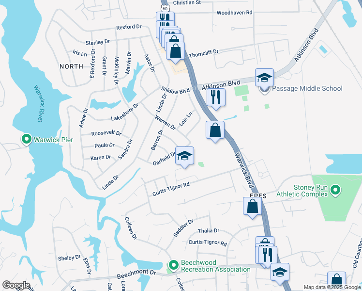 map of restaurants, bars, coffee shops, grocery stores, and more near 15 Darlene Lane in Newport News