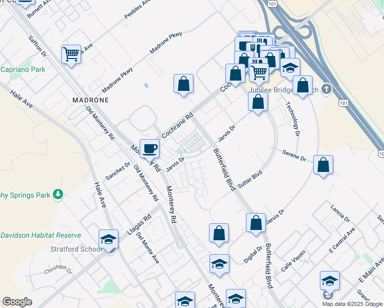 map of restaurants, bars, coffee shops, grocery stores, and more near 227 Jarvis Drive in Morgan Hill