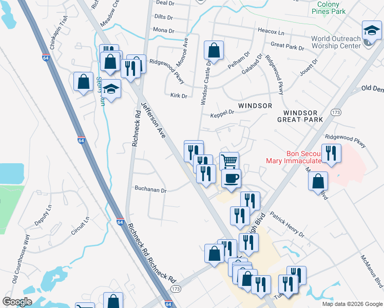 map of restaurants, bars, coffee shops, grocery stores, and more near 151 Windsor Castle Drive in Newport News